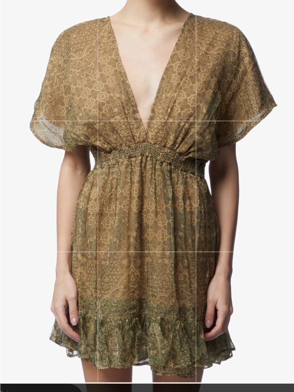 Mes Demoiselles Olive Patterned Deep V Mini Dress